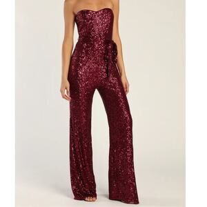 Lulus Flirty Moves Wine Red Sequin Strapless Wide-Leg Jumpsuit S